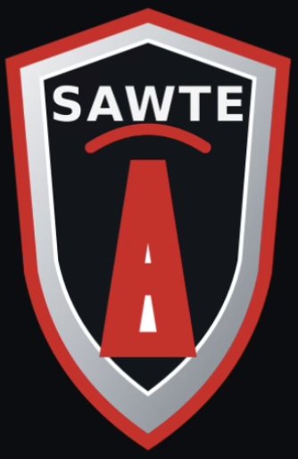 SAWTE shield with a red road and silver border